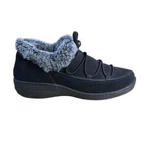 Aetrex Chrissy Black Suede Faux Fur Low Ankle Boots Womens 7 Comfort Winter